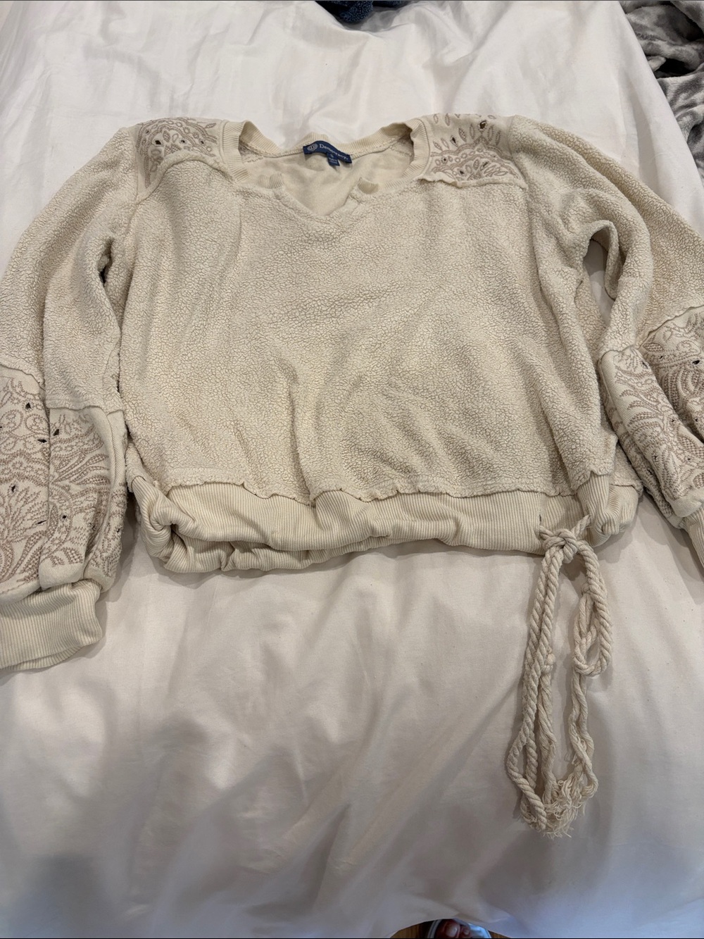 Democracy Cozy Cream Women's Pullover Top with Embroidered Sleeves